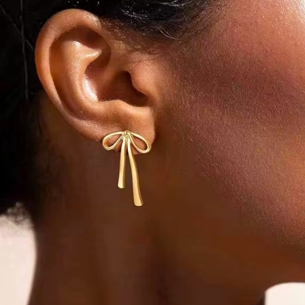 .925 Sterling Silver Back Ribbon Bow Stud Earrings w/ Gold Plating